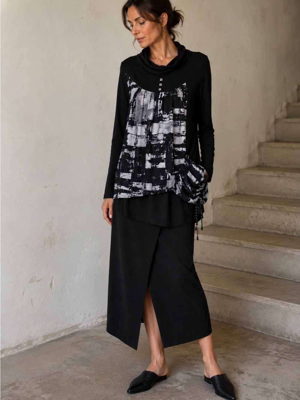Avant Garde Artwear Black White Abstract Cowl Neck Tunic Top Women’s S